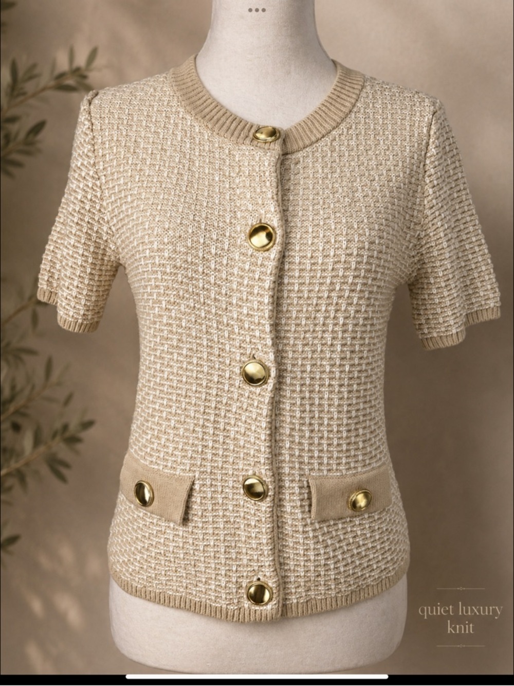Ann Taylor Textured Cotton Cardigan Gold Buttons Short Sleeve L